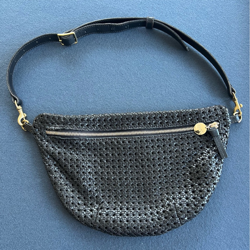 Clare V. Black Rattan Grande Fanny Woven Checker Leather Belt Bag